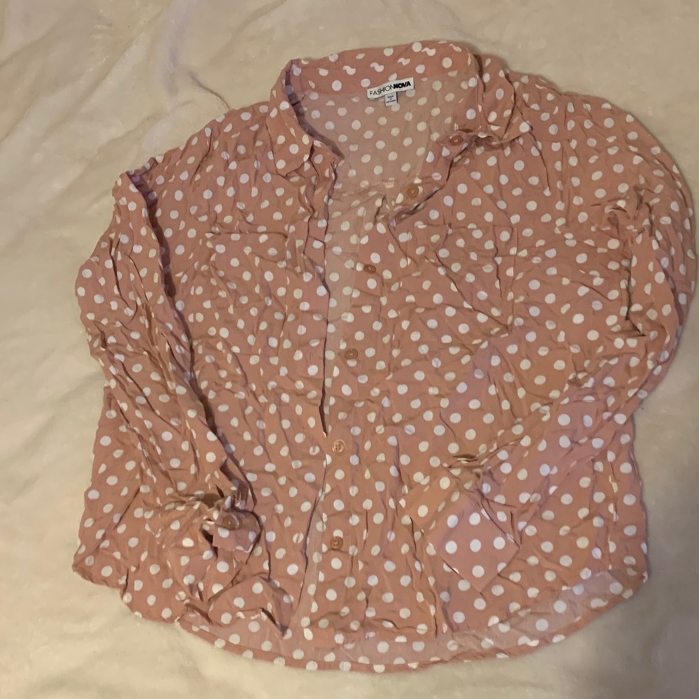 Fashion Nova Pink Polka Dot Button Down Shirt